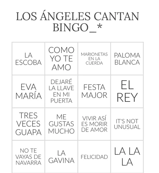 Cartón de ejemplo de «Los Ángeles Cantan Bingo» con dieciséis títulos de canciones en mayúsculas